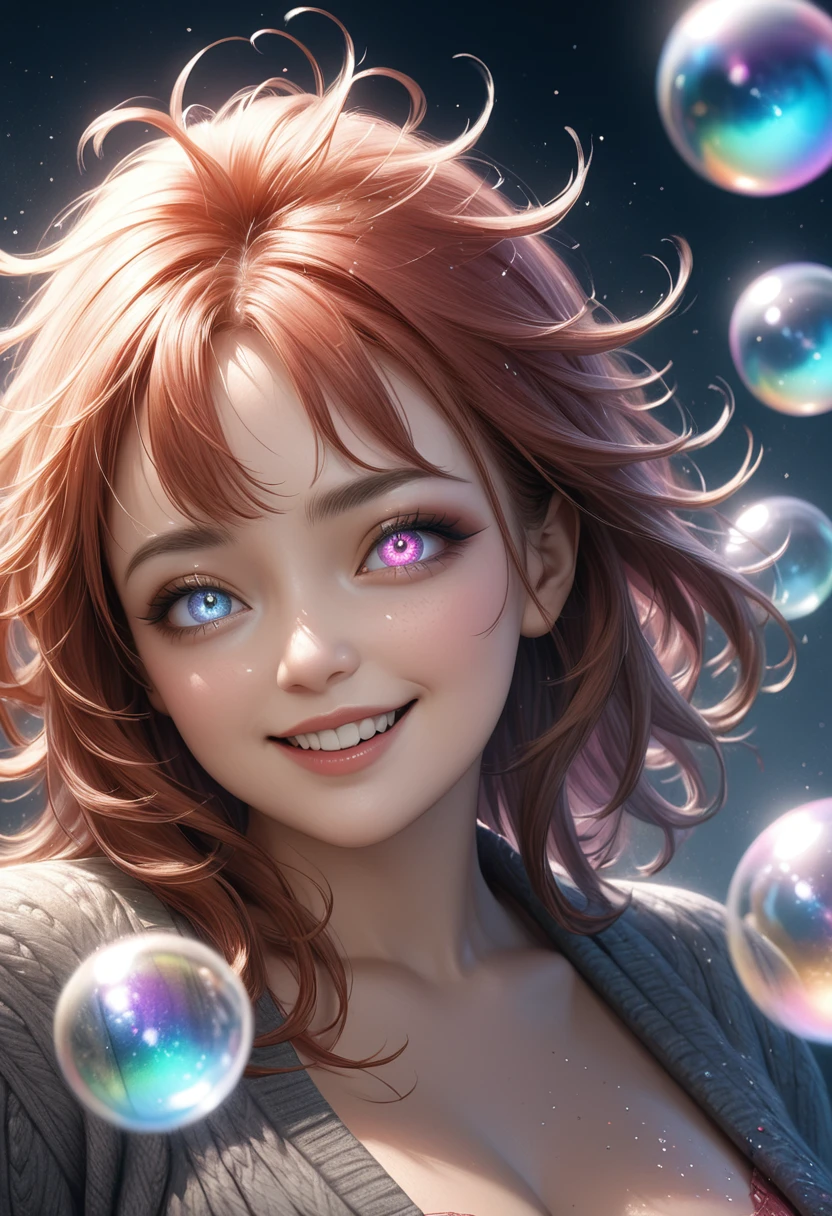 cute woman, amorous and lewd face, the best smiling, shining eyes, make-up, messy hair, great proportion, loose size cardigan, (ultra detailed, absolutely resolution, best quality:1.3), 2.5D, delicate and dynamic, shading effects, hyper realistic, artistic photography, glitter effects, foggy effects, iridescent soap bubble effects