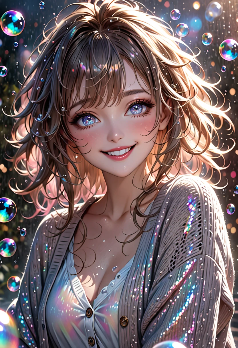 cute woman, amorous and lewd face, the best smiling, shining eyes, make-up, messy hair, great proportion, loose size cardigan, (ultra detailed, absolutely resolution, best quality:1.3), 2.5D, delicate and dynamic, shading effects, hyper realistic, artistic photography, glitter effects, foggy effects, iridescent soap bubble effects