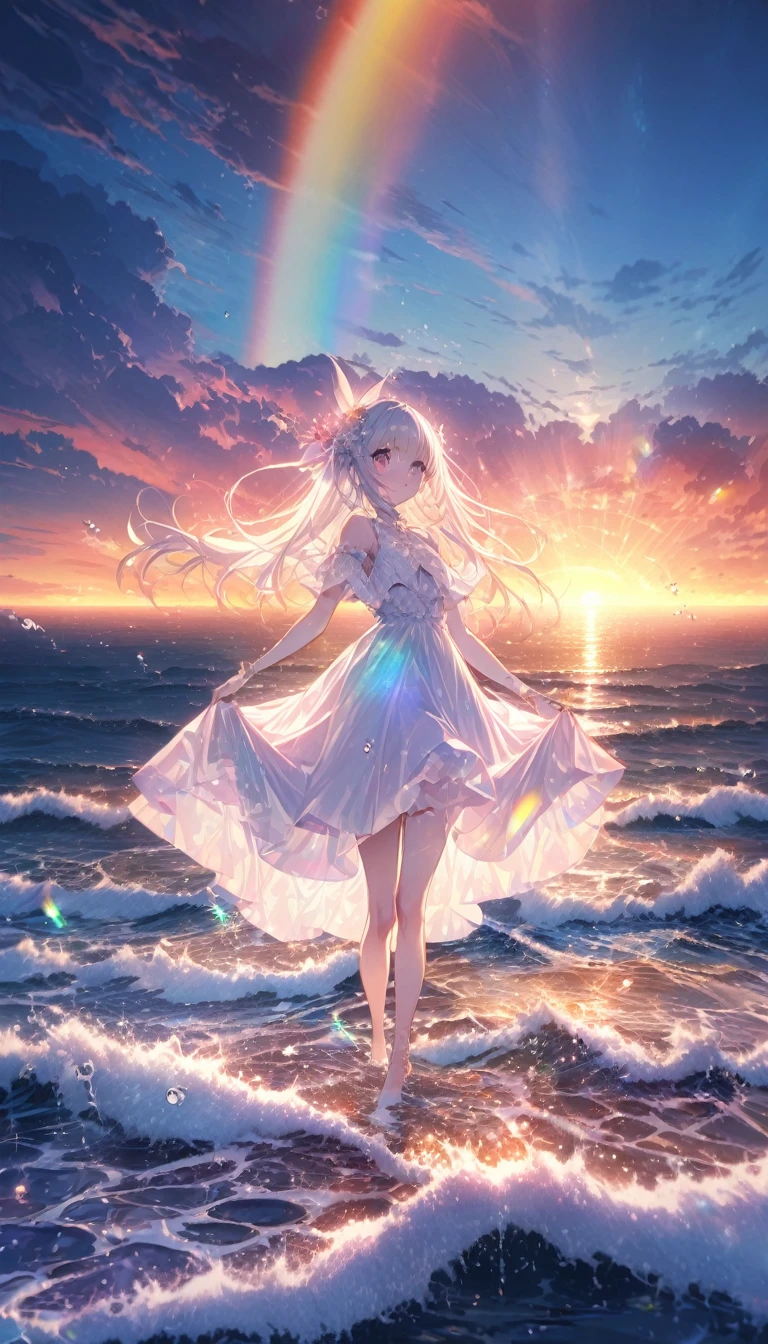 Angelic, Detailed landscape, sunrise, rainbow, After the Rain, horizon, In the sky, Ocean , Lens flare, colorful, An atmosphere full of dreams and hope，masterpiece．16K, Ultra-high resolution, to be born,wonderful ,future、rainbow色の、The world 30 years from now。