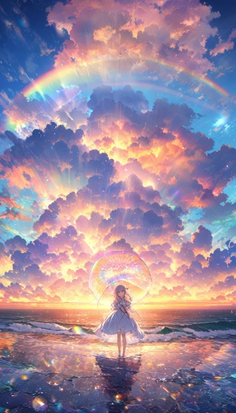 Angelic, Detailed landscape, sunrise, rainbow, After the Rain, horizon, In the sky, Ocean , Lens flare, colorful, An atmosphere full of dreams and hope，masterpiece．16K, Ultra-high resolution, to be born,wonderful ,future、rainbow色の、The world 30 years from now。