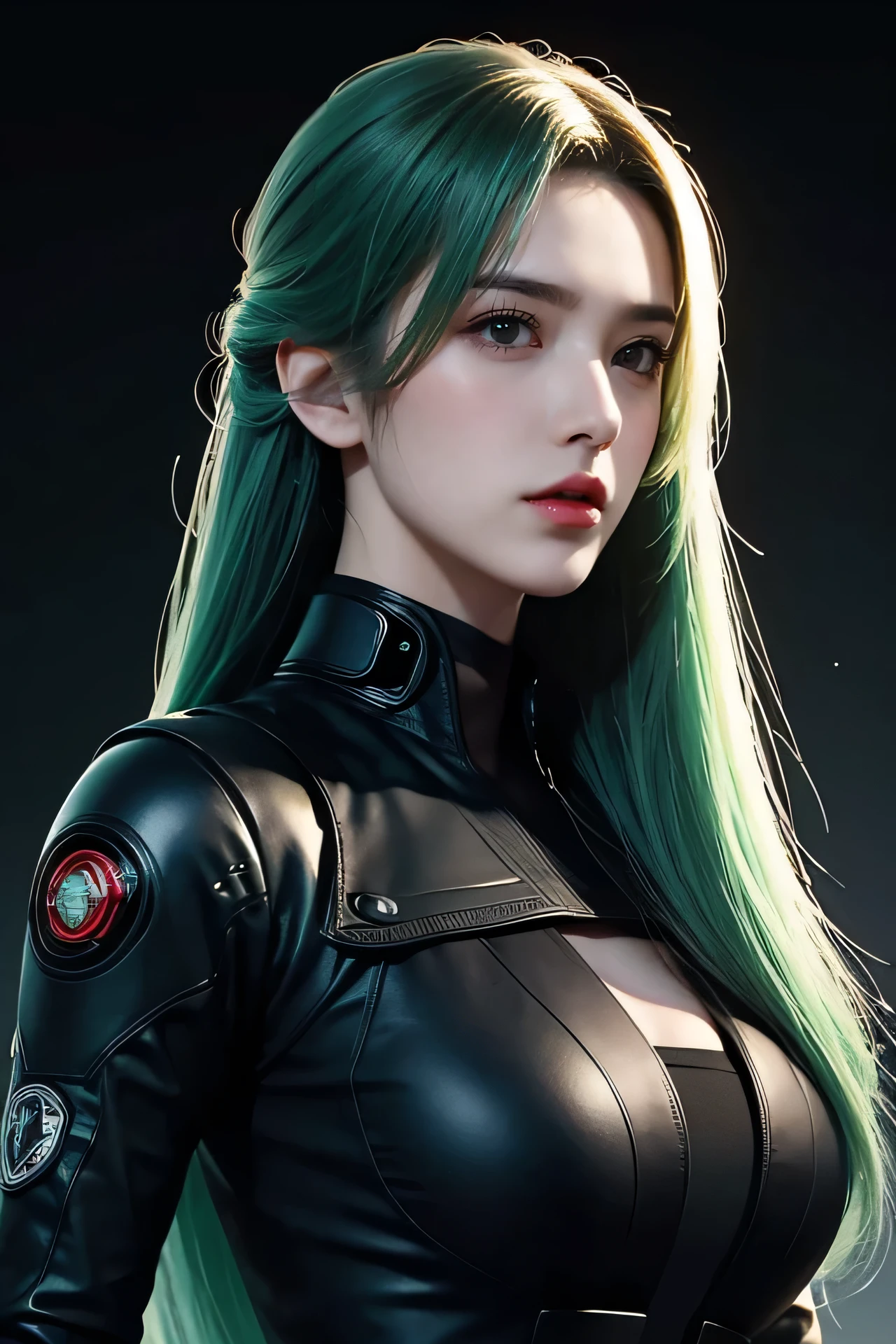 tmasterpiece，Best quality，A high resolution，8k，(sportrait)，((Head close-up))，(Original photo)，real photograph，digital photography，(Cyberpunk-style women in uniform:1.2)，(Professional women)，20-year-old girl，Random hairstyles，Red eyelue-green gradient hair)，Serious and obsessed，Cleavage， accessories，Redlip，Keep your mouth shuegant and charming，Serious and arrogant，Calm and handsome，(Sci-fi style business attire for women)，Photo pose，Realisticstyle，gray world background，oc render reflection texture