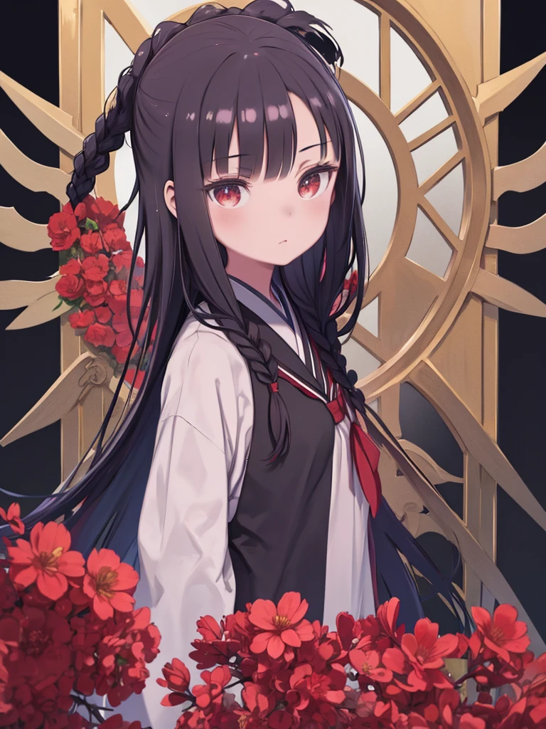 ((Highest quality)), ((masterpiece)), (detailed), One girl, black_School_uniform, very_length_red_Braid, Messy_hair, red_eye, sharp eye, Sharp eyelashes, Japanese_School_building_Entrance_Gate_background, cherry_Flowers Bloom, It became narrow_eye, Expressionless_Performance