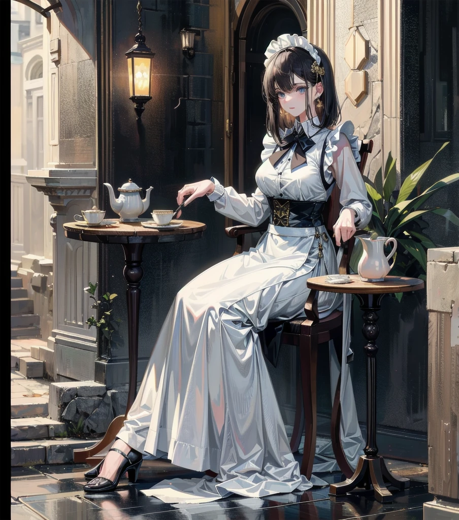 absurdres, RAW photo, extremely delicate and beautiful, masterpiece, Best Quality, ultra high resolution, 32k, hyperrealistic, ultra-detailed, Very detailed CG 8k wallpaper, detailed background, landscape, Beautiful Lighting, Perfect Lightning, Realistic Shadows, perfect anatomy, anatomically correct, perfect figure, Perfect Style, Perfect balance, super Detailed skin, in her 30s, very Slim body, narrow waist, very small head, very small face, delicate facial features, handsome detailed woman, very detailed eyes and face, realistic face proportions, Realistic beautiful face, Realistic beautiful eyes, tearful mole, earring, whole body shot, very huge round tits, medium hair, asymmetrical hair, outdoor, Beautuful Matured woman preparing tea_party in the garden, standing by the round table, dispensing a cup of tea, leaning forward, meisen's tea set, tea pot, tea cups, some cakes on dish, delicate and classy British style white table with gold accents and royal_blue, wearing light_brown maid uniform, maid costume, long flare skirts, apron, bow ties on the chest, long tall sally,