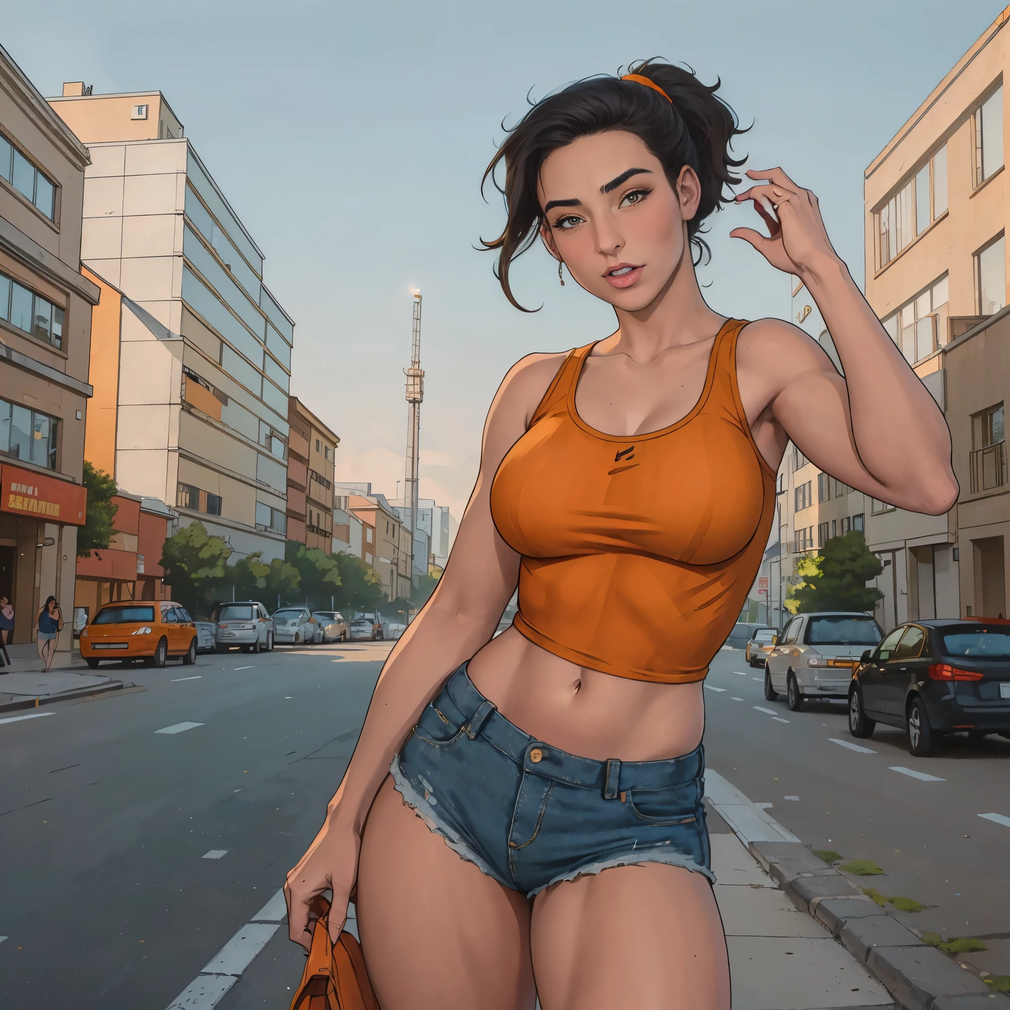 Extremely busty thin and toned brunette photographer, college girl, fair skin, loose ponytail, soft face, athletic, tight orange cami top, camisole, jean shorts. standing in front of her apartment building, outdoors, city, cleavage 