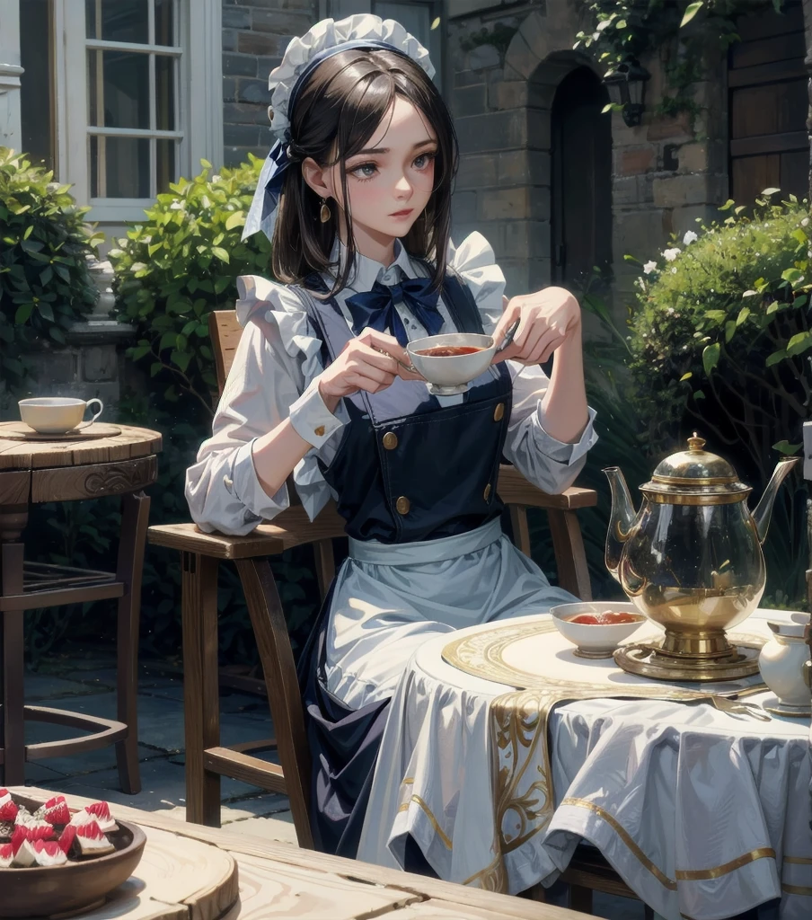 absurdres, RAW photo, extremely delicate and beautiful, masterpiece, Best Quality, ultra high resolution, 32k, hyperrealistic, ultra-detailed, Very detailed CG 8k wallpaper, detailed background, landscape, Beautiful Lighting, Perfect Lightning, Realistic Shadows, perfect anatomy, anatomically correct, perfect figure, Perfect Style, Perfect balance, super Detailed skin, in her 30s, very Slim body, narrow waist, very small head, very small face, delicate facial features, handsome detailed woman, very detailed eyes and face, realistic face proportions, Realistic beautiful face, Realistic beautiful eyes, tearful mole, earring, whole body shot, very huge round tits, medium hair, asymmetrical hair, outdoor, Beautuful Matured woman preparing tea_party in the garden, standing by the round table, dispensing a cup of tea, leaning forward, meisen's tea set, tea pot, tea cups, some cakes on dish, delicate and classy British style white table with gold accents and royal_blue, wearing light_brown maid uniform, maid costume, long flare skirts, apron, bow ties on the chest, long tall sally,