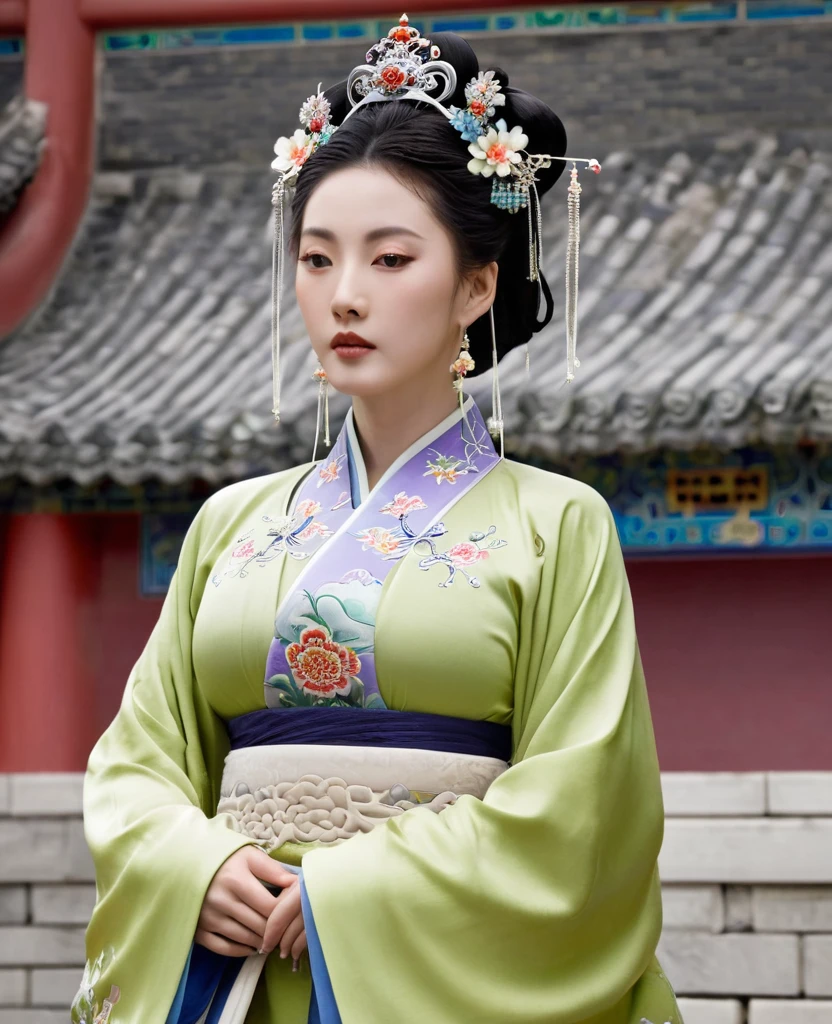 The Empress is standing with her large breasts, her hair is tied up and pulled up, and her lower abdomen is decorated with gorgeous flowers.、A perverted, erotic woman wearing the crown of a Qing Dynasty empress. The background is the stone paving of a Chinese palace during the Qing Dynasty.