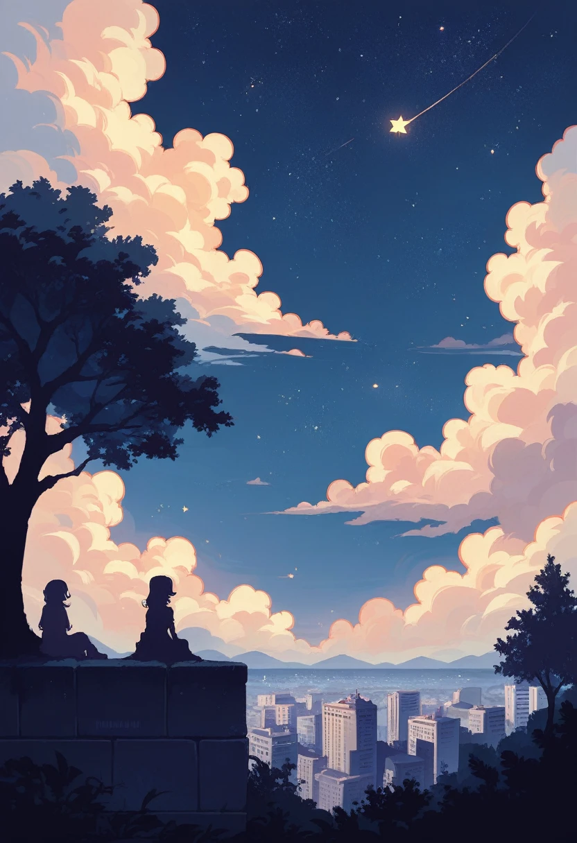 octans, sky, star (sky), scenery, starry sky, night, 1girl, night sky, solo, outdoors, building, cloud, milky way, sitting, tree, long hair, city, silhouette, cityscape
