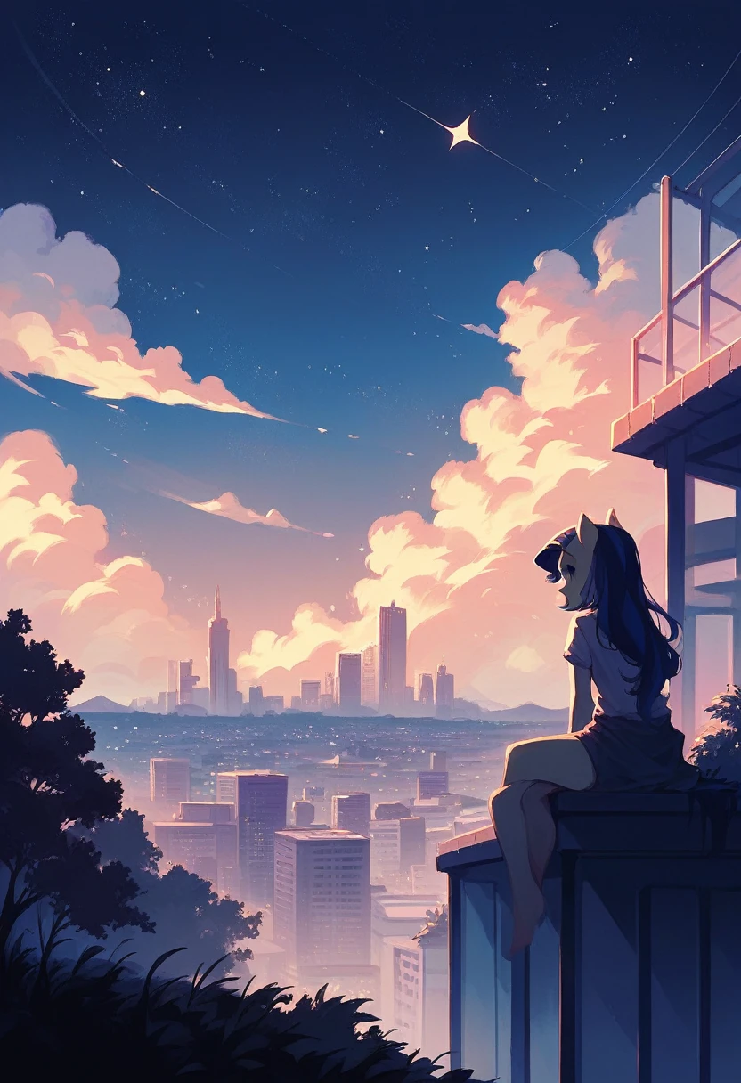 octans, sky, star (sky), scenery, starry sky, night, 1girl, night sky, solo, outdoors, building, cloud, milky way, sitting, tree, long hair, city, silhouette, cityscape
