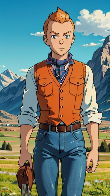 (Teens:1boy: Tintin,sexycowboy), (extremely detailed CG unit 8k wallpaper),(master part), (best quality), (ultra detali), (best illustration),(melhor ombre), cowboy shot, (Sharp eyeliner, ombre, detailed eyes:1), mountains in the background, ranch land, ,break , (ghibli style), upper body,short hair, orange hair, shirt/vest, pants/chaps/jeans, denim/plaid, neckerchief, belt