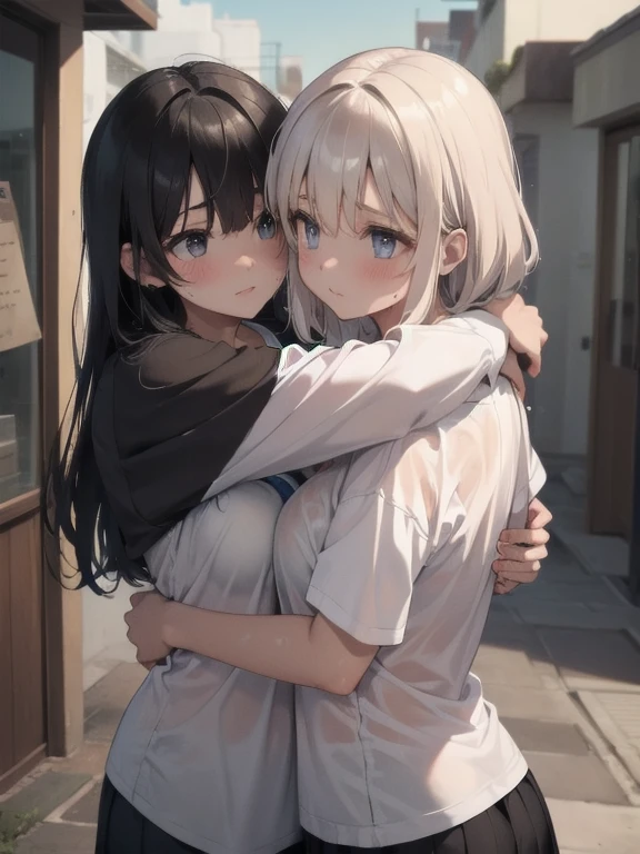 Two girls, wet shirts, shirts showing through, hugging, hugging, not bra