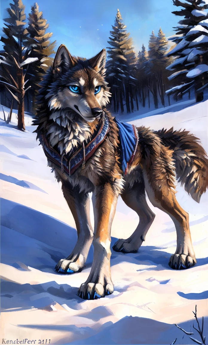 ((Solo)), male people, anthro wolf, (Multi-colored fur, White-brown:1.3，White tail pointed), (Height 2.1m,Tail length 1.2m), ((Wolf face, Big eyes, White eyelids, Blue pupil, Slim:1.2) (Tough, Calm expression:1.2)), Slim, pinging)), (Correct anatomy), (Winter clothing:1.1), The upper body  naked, (detailed outfits),A long big tail，Feet，(Realistic fur, Detailed fur texture, labeled:1.3)), (Natural lighting), Photorealistic, Hyperrealistic, ultradetailed, by Kenket，Snowfield，erect through，Running on