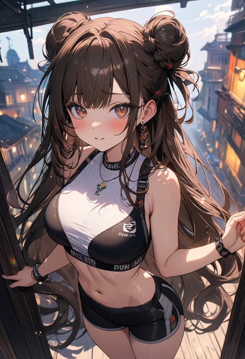 ((Masterpiece)), best quality, absurderes, ultra detailed, holographic, cowboy shot, golden ratio, super cute girl, mature girl, idol girl, super beautiful asian girl with very beautiful violet glowing eyes, beautiful glowing brown multicolored hair, high ponytail, nice and , slim body, perfect body, wearing a super tight anime printed leotard, an anime printed super tight off shoulder long sleeve crop top, a super aesthetic transparent mini jacket, beautiful hair ornament, pink jordan tennis, playing with her handsome otaku skinny boyfriend, with black messy glowing hair, in the arcade games