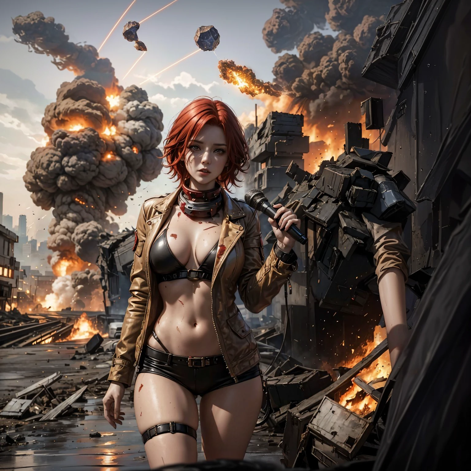 A doomsday scene, chaotic, destruction, explosion, burning, meteorites rained down on the earth, post-apocalyptic, (meteorites rained down: 1.4)