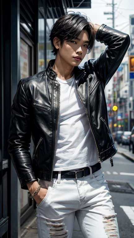 solo , 1man , thai man , leather jacket , white shirt , black Long pants jeans , happy