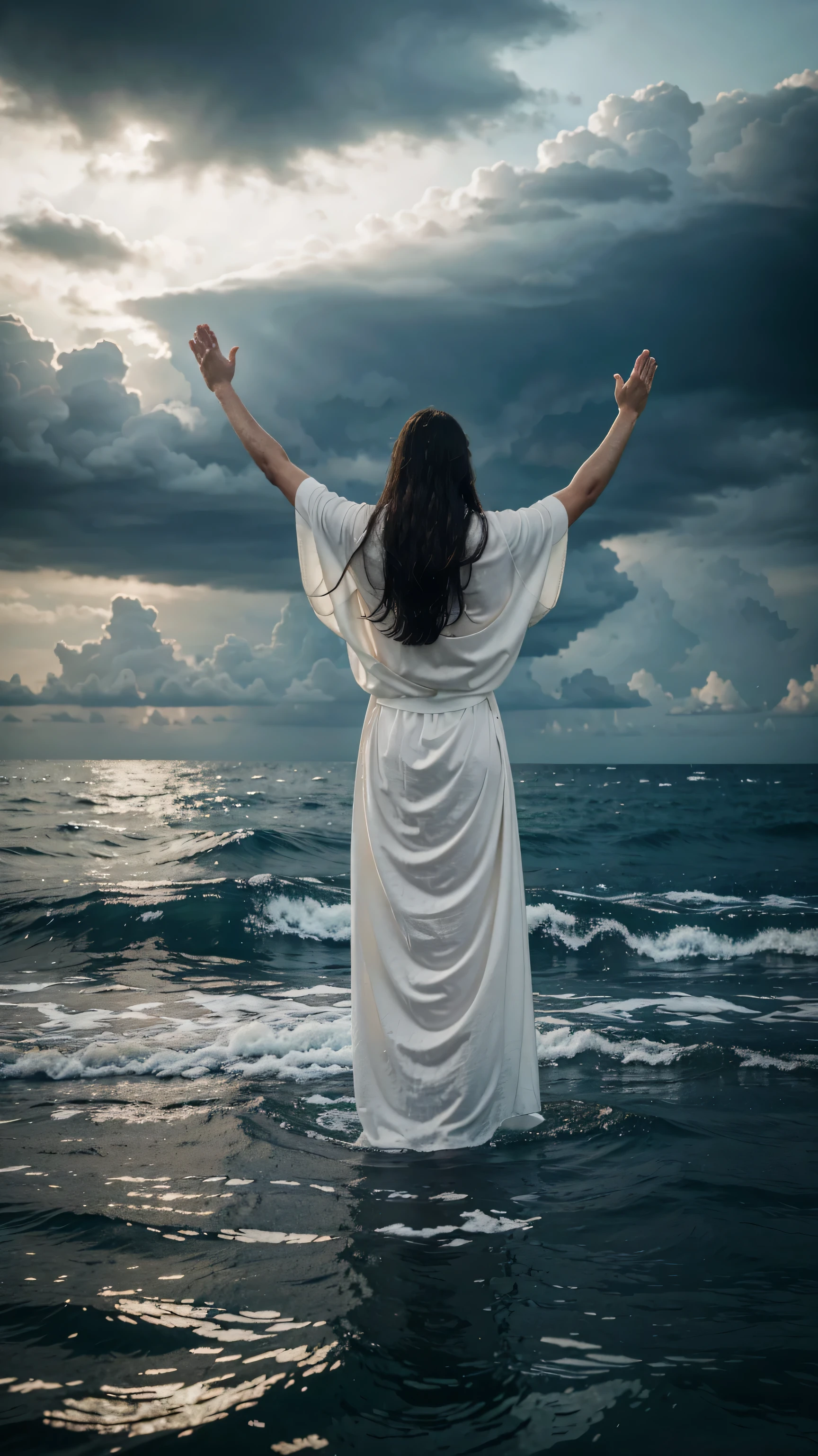 Jesus, dressed in a long white robe, stands in the sea with both hands raised. The sky is covered with dark clouds. Full body view, back view hyper-realistic photography, gentle soft noise, realistic image, cinematic style, realistic environment, low contrast, 32k resolution, highly detailed, realistic image.