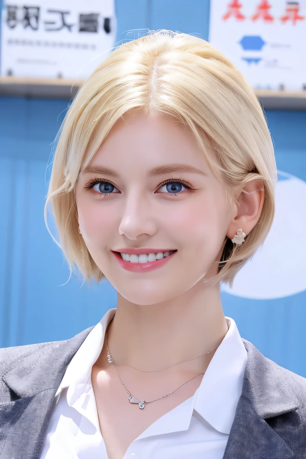 ８Ｋ、highest quality、Blonde Hair、Blue eyes、White women、Short Haircut、Ear piercing、necklace、smile、Beautiful teeth alignment、Office Lady Suits、The background is the office

