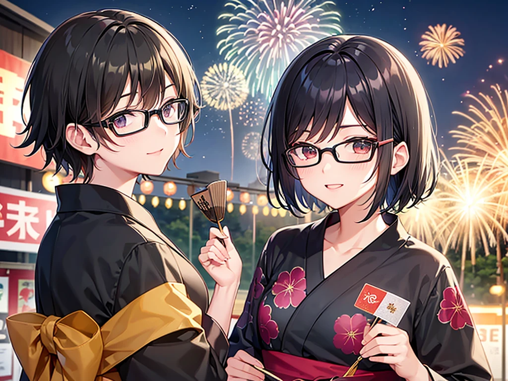 man、Black short hair、Glasses、yukata、festival、Fireworks display、Fan