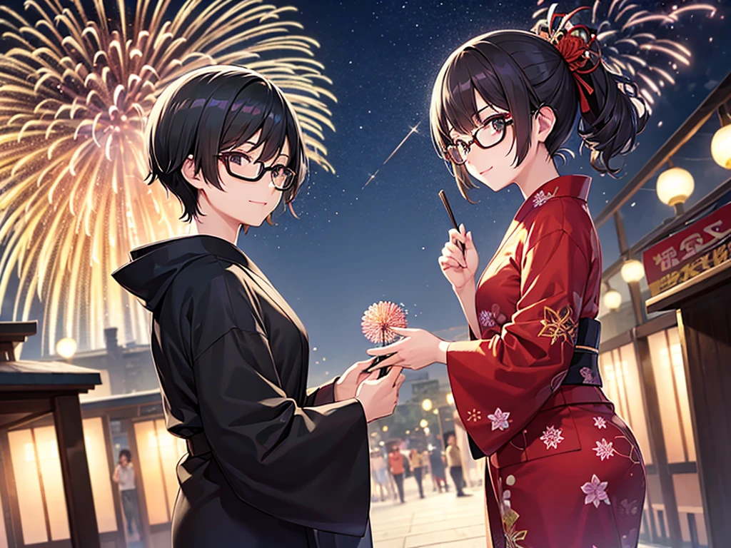 man、Black short hair、Glasses、yukata、festival、Fireworks display、Fan