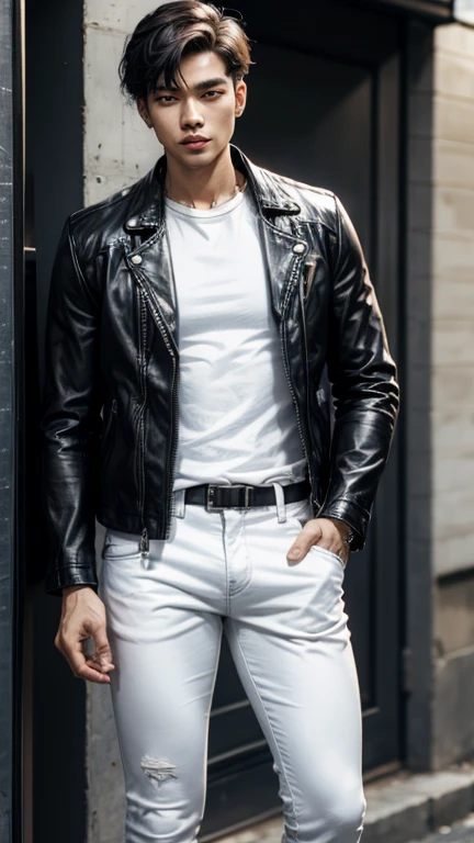 solo , 1man , thai man , leather jacket , white shirt , black trousers jeans , happy