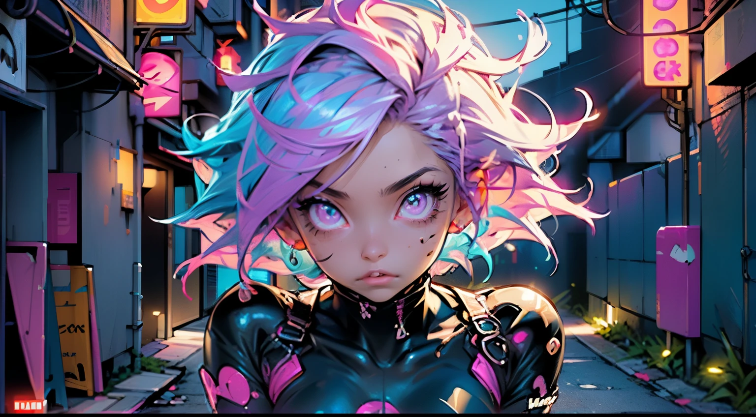 cute little cartoon ,(((little ,small tiny body,petite))),(((6 years old))),((extremely cute and beautiful liquid paint hair haired anime girl walking down the street)),

(((flat chest))),saggy breasts,short hair,(((liquid paint hair:1.1,neon purple hair|neon pink hair|neon blue hair|neon aqua hair|purple hair|fuchsia hair|fluorescent blue hair|amethyst hair|neon hair|bright pink hair :1.5,bright hair: 1.3,hair made of paint and defies gravity,thick flowing,paint splatter:1.3,shiny hair: 1.3,vibrant colored hair))),((heterochromia,eye1 purple,eye2 pink,upturned eyes:1.3,perfect eyes,beautiful detailed eyes,rainbow glows ultra-detailed deep pink purple eyes:1.1,gradient eyes:1,finely detailed beautiful eyes:1,symmetrical eyes:1,big highlight on eyes:1.2)),((fat)),(((lustrous skin:1.5,bright skin: 1.5,skin tanned,shiny skin,very shiny skin,shiny body,plastic glitter skin,exaggerated shiny skin))),(delicate detailed fingers,detailed body,detailed arms,human hands),

cute,slutty,seductive,erotic,(((nsfw))),

revealing clothing,show skin,(wearing a Neon color theme clothing:1.3,micro clothes,little clothing,fluorescent and neon clothing,rave fashion,micro crop top,micro skirt,visible thong straps,accessories LED,detailed outfit,detailed clothes),

(dynamic pose:1.0),solo focus,embarrassed,centered,scale to fit dimensions,Rule of thirds,

outdoors,((night view)),(very pretty city neon synthwave,cyberpunk night street Background:1.5,dark sky,thick clouds),((neon lights)),(cyberpunk style,neon lights, (synthwave theme background), lonely street),(((detailed background:1.25))),

(best quality),(high resolution),(sharp focus),(ultra detailed),(extremely detailed),(extremely high quality artwork),8k_wallpaper,(extremely detailed CG 8k),(very fine 8K CG),((hyper super ultra detailed perfect piece)),flawless,(((masterpiece))),illustration,vibrant colors,(intricate),High contrast,Selective lighting,Double exposure,HDR (High Dynamic Range),Post-processing,Background blur,