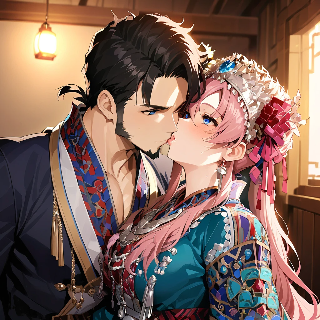 ((Highest quality)), ((masterpiece)), (detailed), （Perfect Face）、The woman is Lacus Clyne, with blue eyes, semi-long pink hair, and is wearing a gorgeous national costume and a gorgeous headdress.、She kisses her husband, a dignified, bearded, middle-aged emperor, has sex with him, and makes love to him.