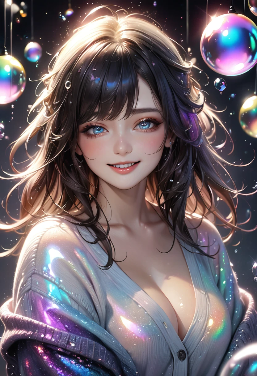 cute woman, amorous and lewd face, the best smiling, shining eyes, make-up, messy hair, great proportion, loose size cardigan, (ultra detailed, absolutely resolution, best quality:1.3), 2.5D, delicate and dynamic, shading effects, hyper realistic, artistic photography, glitter effects, foggy effects, iridescent soap bubble effects