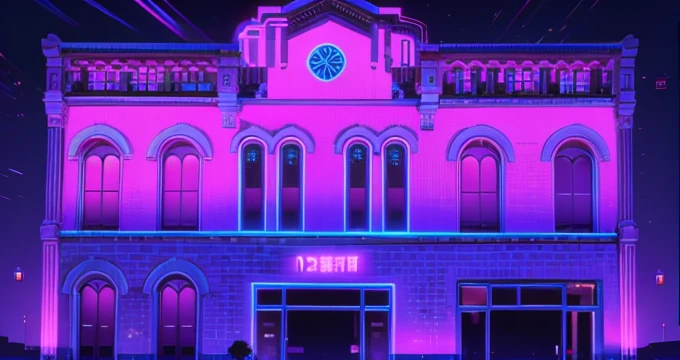 Colorful neon blacklight flourescent projection mapping on building, vaporwave glitch art outrun 80s memphis labyrinth david bowie 