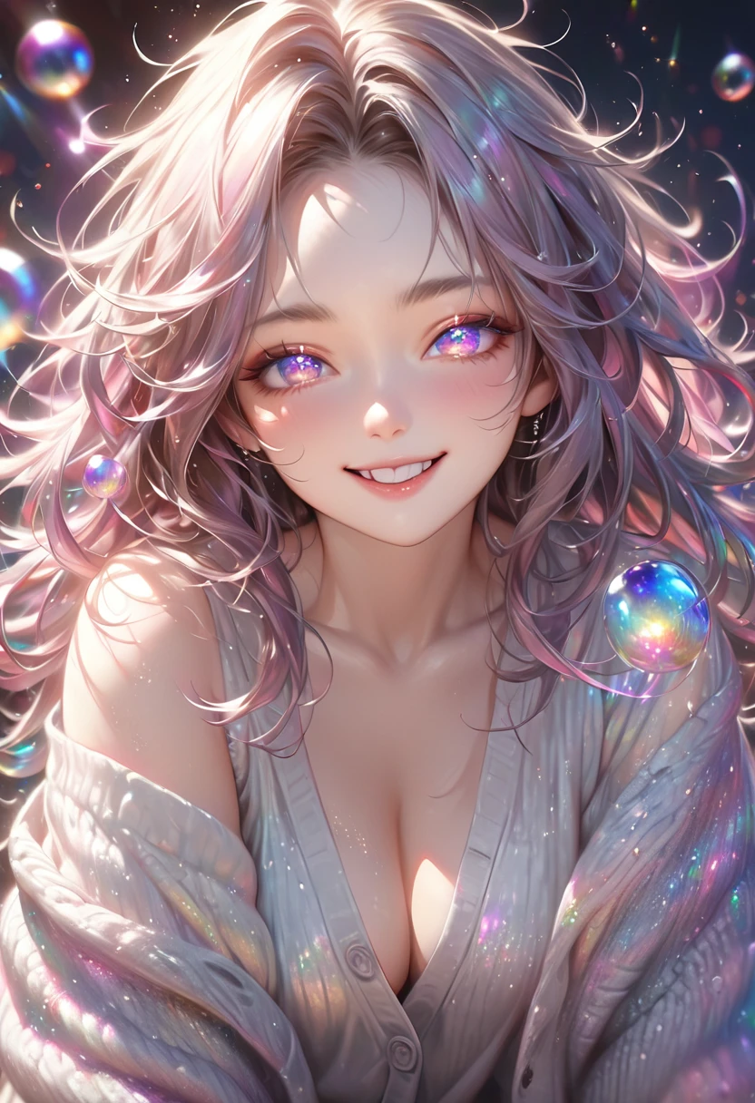 cute woman, amorous and lewd face, the best smiling, shining eyes, make-up, messy hair, great proportion, loose size cardigan, (ultra detailed, absolutely resolution, best quality:1.3), 2.5D, delicate and dynamic, shading effects, hyper realistic, artistic photography, glitter effects, foggy effects, iridescent soap bubble effects