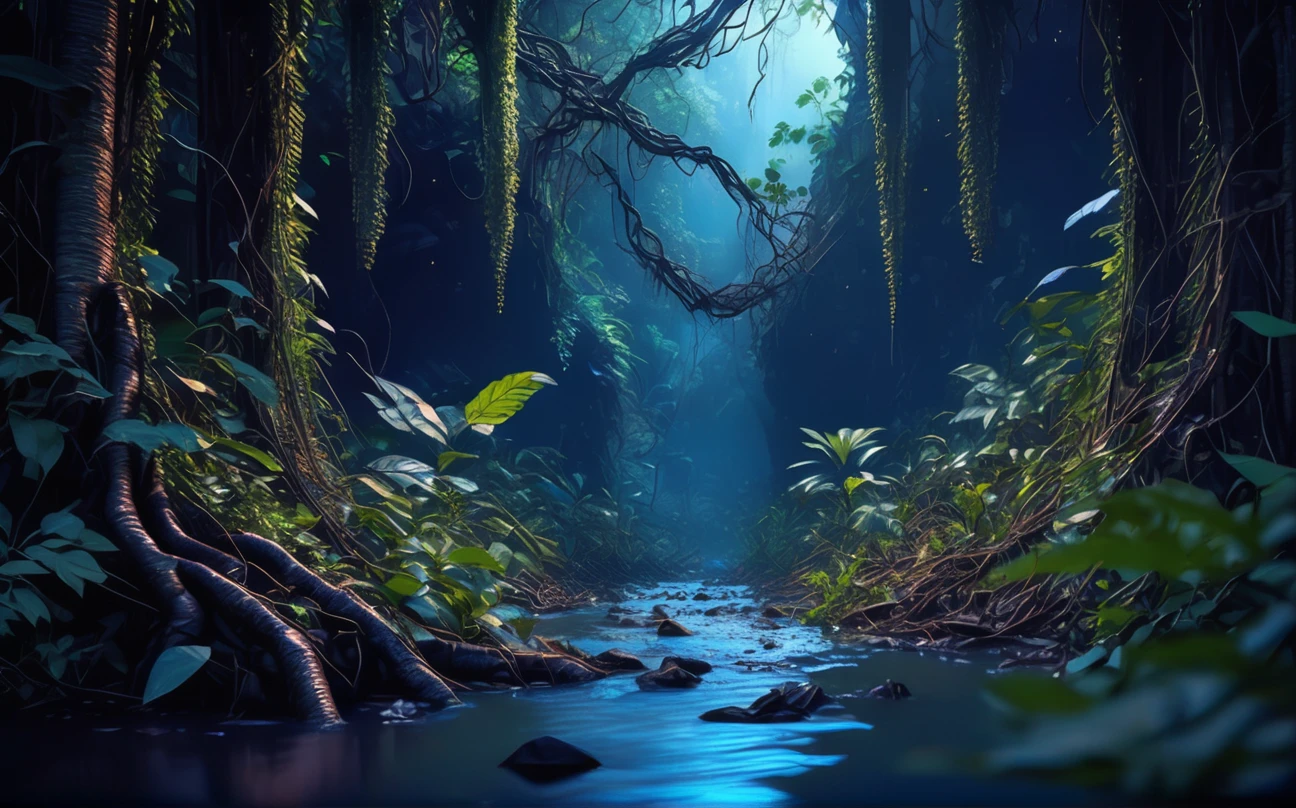 dark photorealistic densely forested jungle, hanging vines, blue light reflecting off of river with debris, jungle foliage, masterpiece professional photography, 8k, low shot,