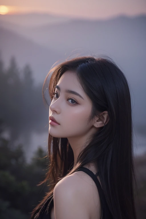 woman in oil painting.Very beautiful face.But with a sad look.Lovely eyes seem to know all the secrets.Turn around and face the deep purple mist in the distance in the picture.Go further and further Go further and further..