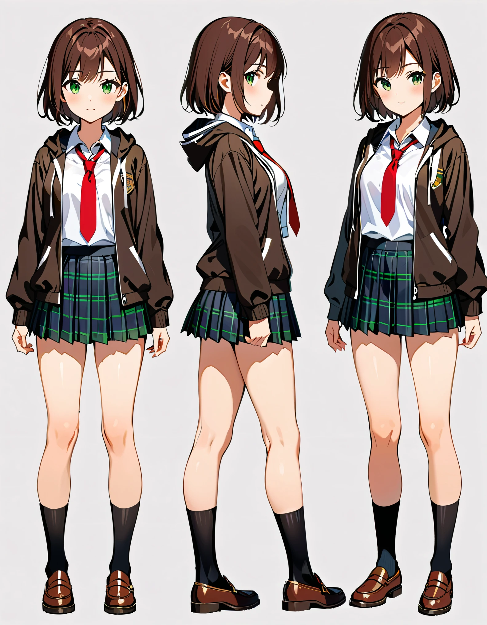 (masterpiece), (best quality), (highres), 1girl, high school student, dark brown hoodie jacket, white shirt, red ribbon bow necktie, pleated skirt, miniskirt, bare legs, black socks, brown shoes, jet black hair, short hair, green eyes, beautiful detailed eyes, beautiful detailed face, cute face, medium breasts, age 16-18, solo, solo focus. Full body costume design. Simple background, Multiple Views, Character Sheet Full-Length.