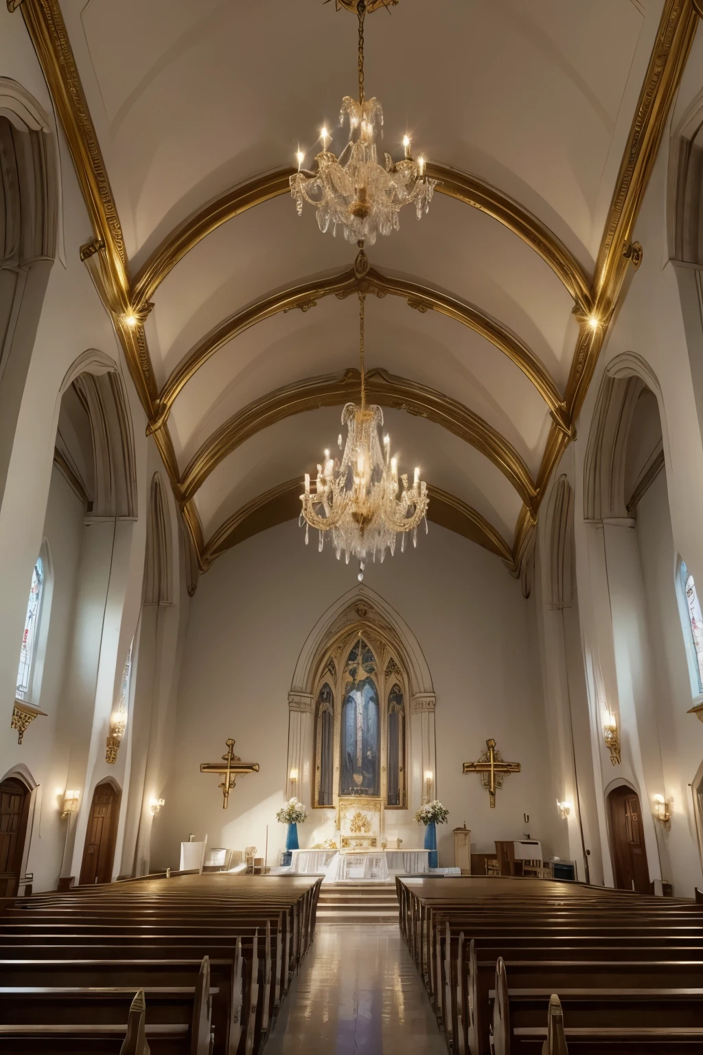 Create a church decor image with gold details, azuis e brancos. The church must be decorated with white and blue flowers, blue and white fabrics, and gold details, like chandeliers and picture frames. Lighting should include candles in gold candelabras and white and gold fairy lights