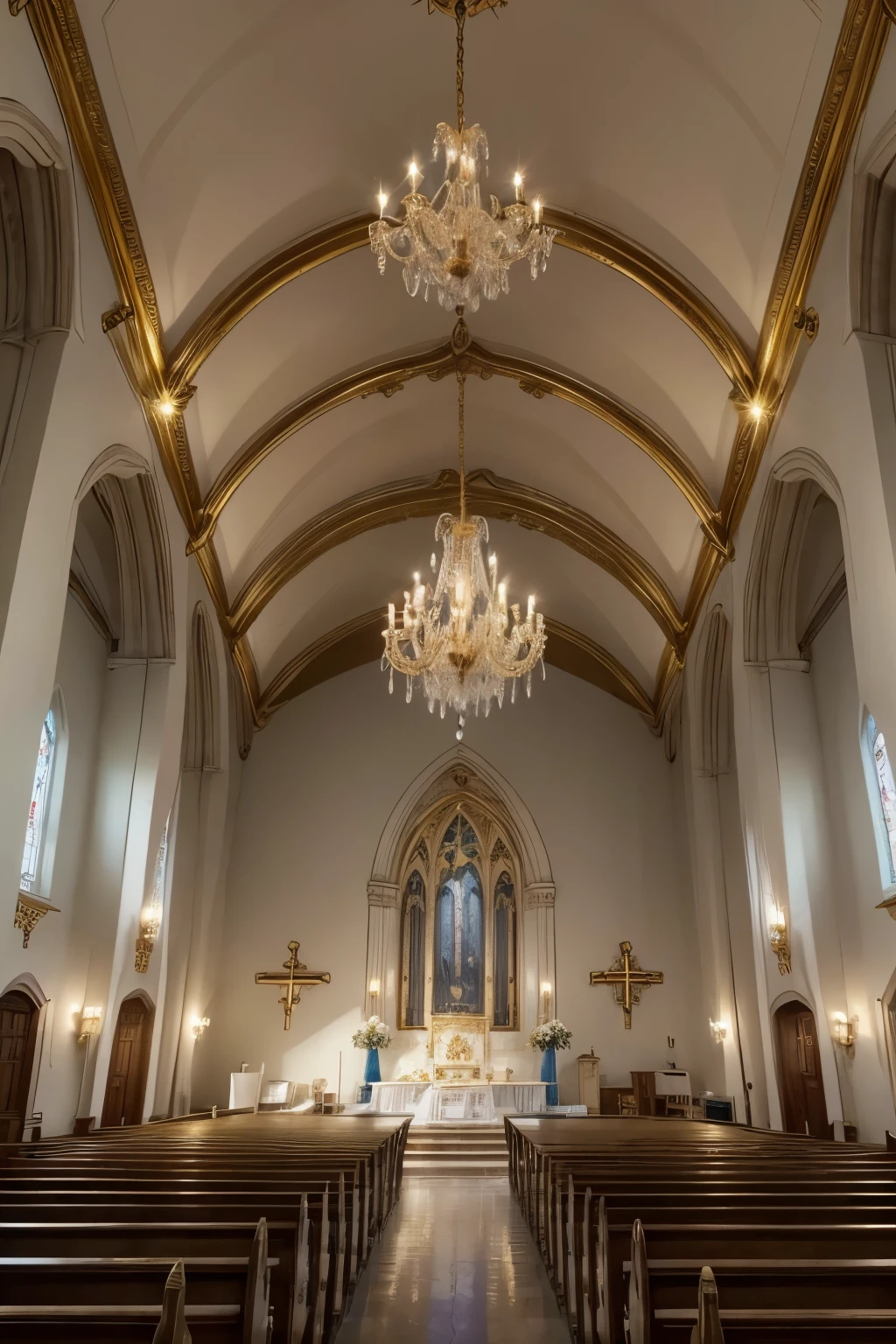 Create a church decor image with gold details, azuis e brancos. The church must be decorated with white and blue flowers, blue and white fabrics, and gold details, like chandeliers and picture frames. Lighting should include candles in gold candelabras and white and gold fairy lights