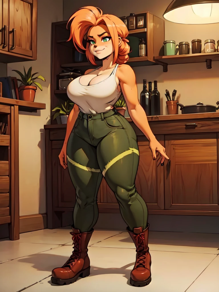 anthro bandicoot girl redhead, braided hair, beautiful green eyes, y relaxing moment, sexseductive, warm sweater, camouflage pants, army boots, smirking, cozy lighting, vibrant colors , 