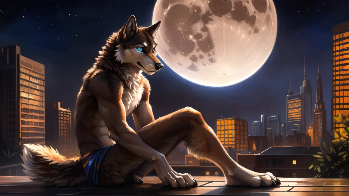 ((Solo)), male people, anthro wolf, (Multi-colored fur, White-brown:1.3), ((Wolf face, Big eyes, White eyelids, Blue pupil, Slim:1.2) (Tough, Calm expression:1.2)), (Height 2.1 meters,Tail length 1.5m), Abs, Slim, pinging, (Correct anatomy), (Contour bone:1.2), The upper body is naked, (detailed outfits), a long large tail，Feet，(Realistic fur, Detailed fur texture, labeled:1.3)), (Natural lighting), Photorealistic, Hyperrealistic, ultradetailed, by Kenket，In the modern city，Roof，the night，Sit alone，Look at the full moon，It was dark，Starry