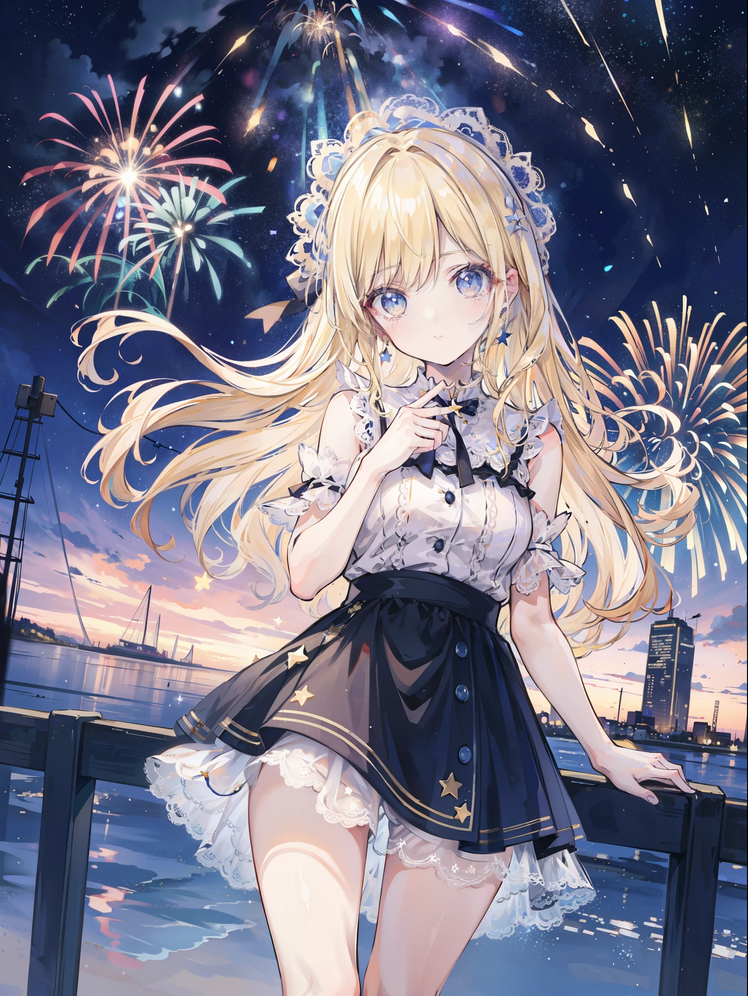 Young woman, blonde, , night sky, stars, Fireworks, разноцветные Fireworks, Bottom view.