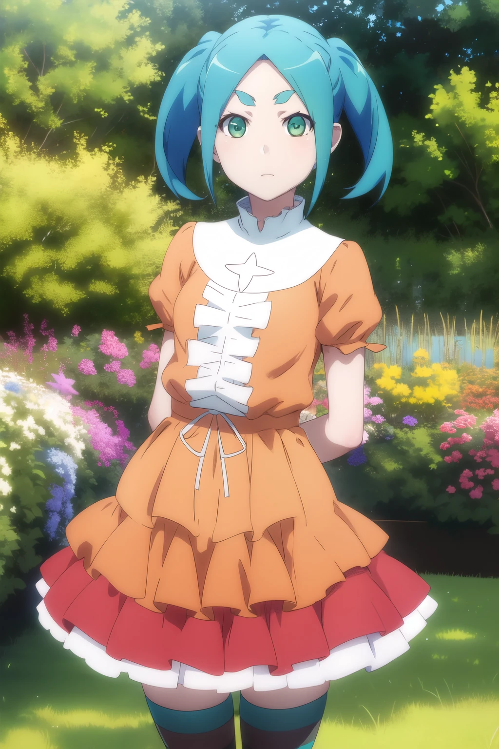 One girl, alone, View your viewers,
Ononoki Yotsugi, Aqua Hair, short hair, Green Eyes, Twin tails, Thick eyebrows,
Striped pantyhose, blue and gray pantyhose, dress, orange dress, white turtleneck collar, White frills, Have, Puff sleeves, Short sleeve,
garden, wood, Cowboy Shot,
Put your arms behind your back,
Expressionless, Mouth closed,
