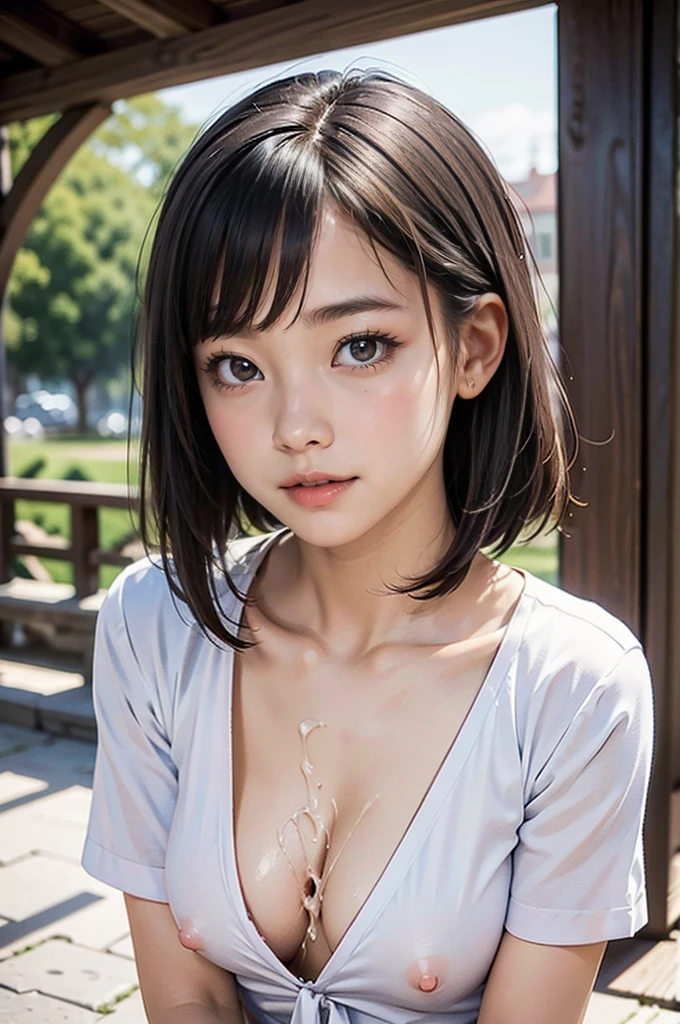 (masterpiece:1.2, highest quality), (realistic, photorealistic:1.4), beautiful illustrations, (movie lighting), Depth of written boundary, looking at the viewer, Front view, 1 girl, Asian, , ((bob hair)), perfect face, Cute symmetrical face, shiny skin, asymmetrical bangs, Big eyes, ((shaved pussy:1.5)), Anatomically perfect body, long eyelashes, thin, beautiful hair, beautiful face, fine and beautiful eyes, beautiful clavicle, beautiful body, beautiful breasts, beautiful thighs, beautiful feet, beautiful fingers, ((school uniform )), (vaginal sex:1.5), (beautiful scenery), Outdoor Exposure, droopy eye, (cum in pussy:1.5), sex, erotic, A hairless pussy, hetero, Phimosis, Inserting a penis into a pussy, (smile, Upper grade,es)