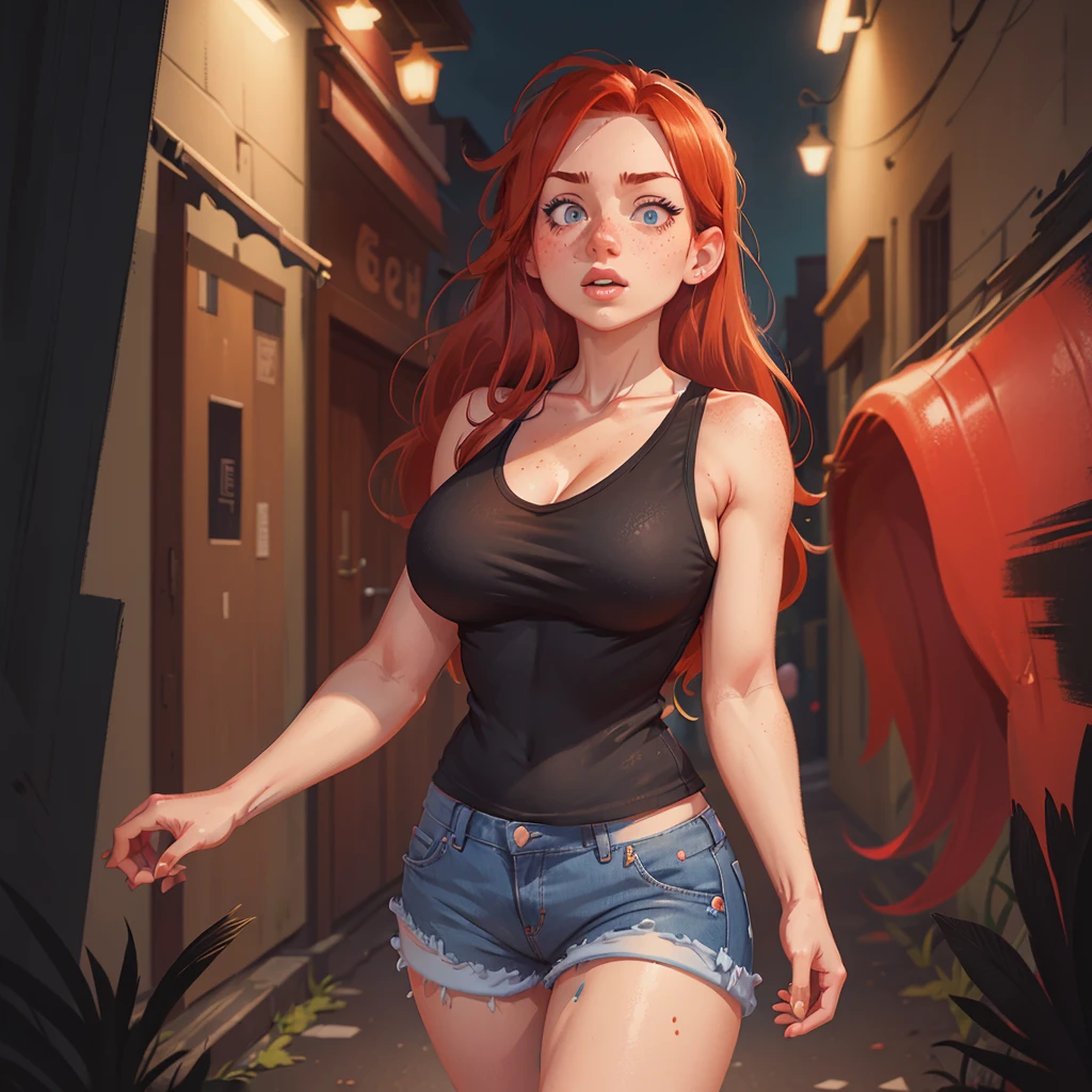 woman with long red hair, bright blue eyes, freckles and full lips,  big breasts, wearing a black tank top and jean shorts on a dark street at night