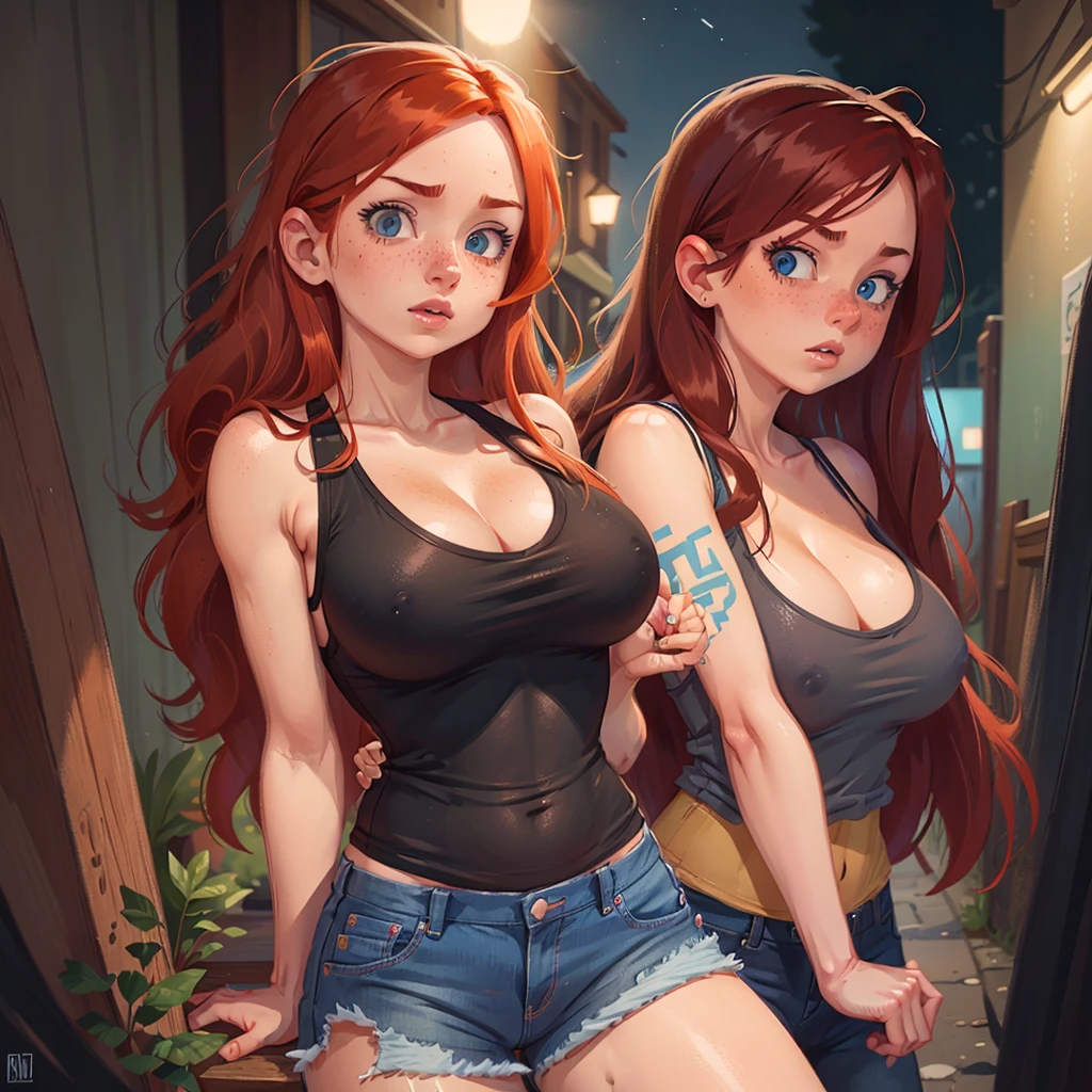 woman with long red hair, bright blue eyes, freckles and full lips,  big breasts, wearing a black tank top and jean shorts on a dark street at night