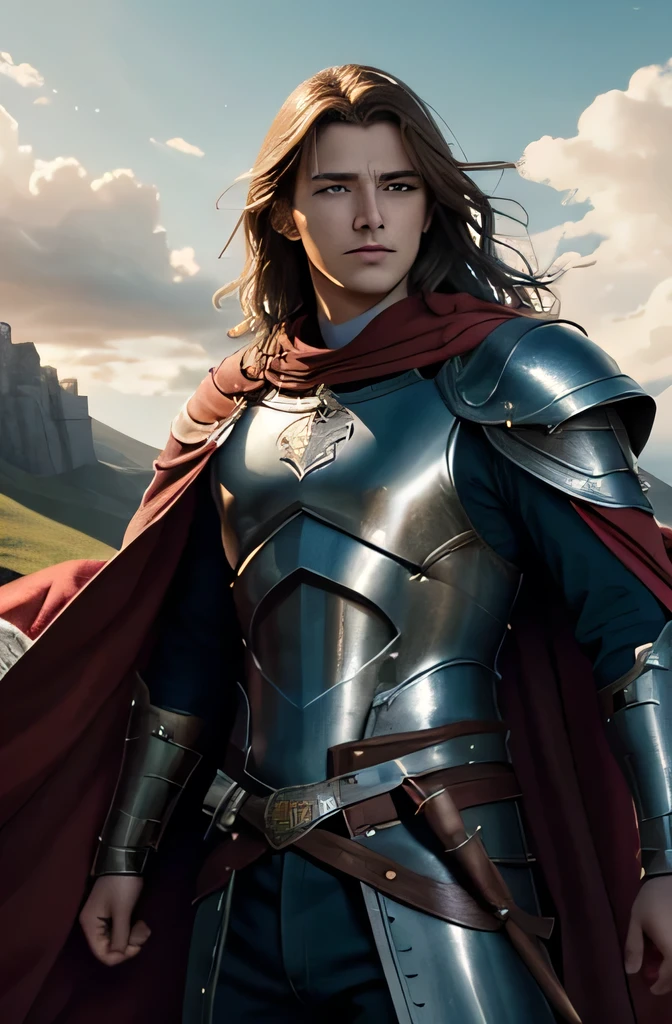 Create an image of a young man on a vast plain with gentle hills in the background, under a clear blue sky. The man must have fair skin, wavy brown hair, blue eyes and a determined expression. He must be dressed in shining armor and a red cape. The atmosphere must convey leadership and bravery. Use 8k resolution, with epic fantasy rendering style. Lighting should be natural, with ultra-fine details. The image is supposed to tell the story of Arthur as a noble leader, highlighting his leadership and bravery across a vast plain. The face must be detailed, with lots of details.