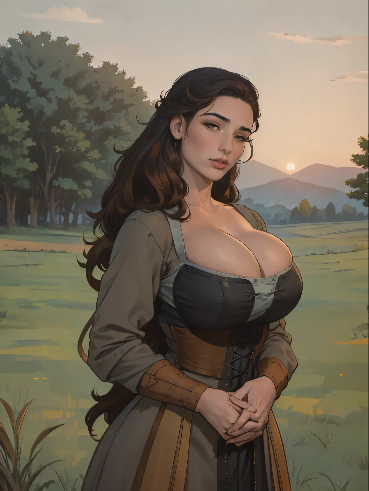 Gorgeous and sultry busty athletic (thin) brunette peasant with sharp facial features wearing a modest updo, medieval hair cover, rough-spun grey and brown medieval dress, long sleeves, wide neck, long dress, tight bodice, corset, Middle Ages, cottage, farm, exterior, trees, countryside, evening, sunset.