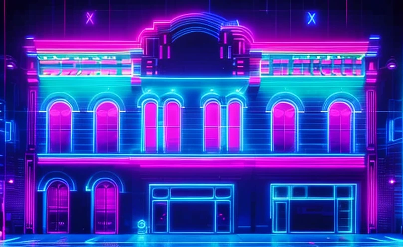 Colorful neon blacklight flourescent projection mapping on building, vaporwave glitch art outrun 80s memphis labyrinth david bowie 