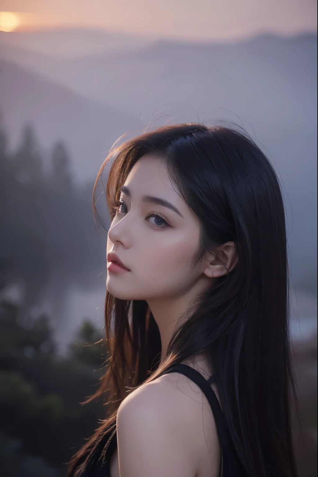 woman in oil painting.Very beautiful face.But with a sad look.Lovely eyes seem to know all the secrets.Turn around and face the deep purple mist in the distance in the picture.Go further and further Go further and further..