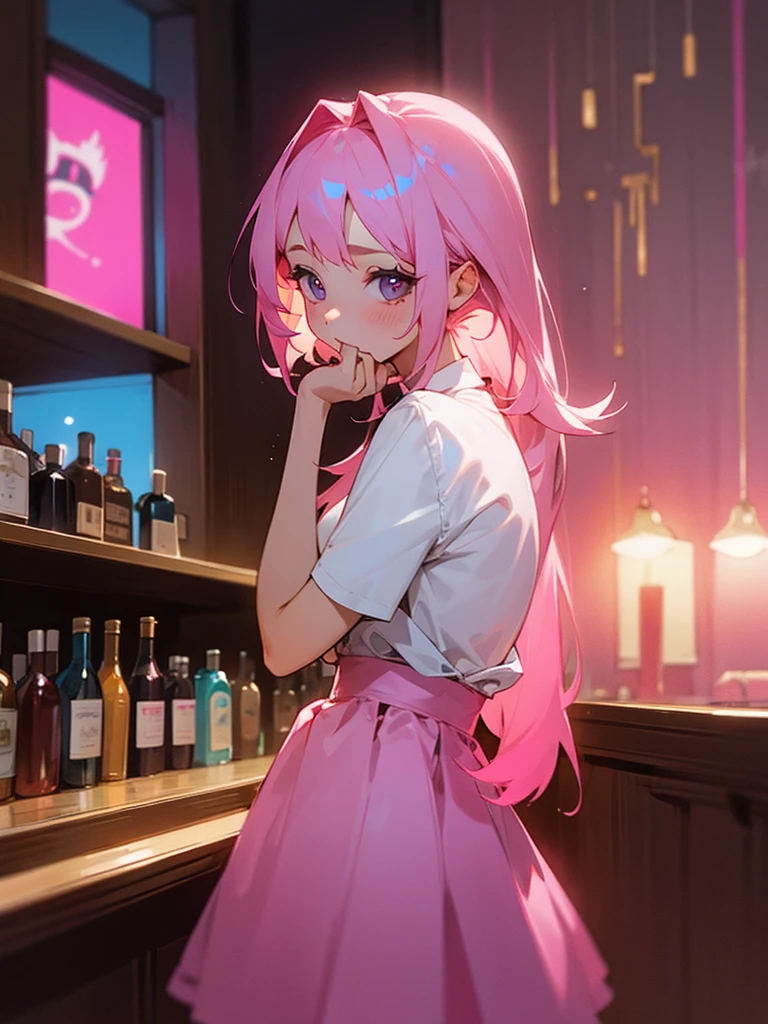 (Highest quality,8k,32K,masterpiece,Ultra-high resolution :1.2 ),born,One girl,Super cute,Natural light,Clear, shining eyes,20-year-old,Fair skin,Fantasy background of a nighttime electronic world in a bar district,Pink Hair,Smoking cigarettes,cigar,Smoke billowing,