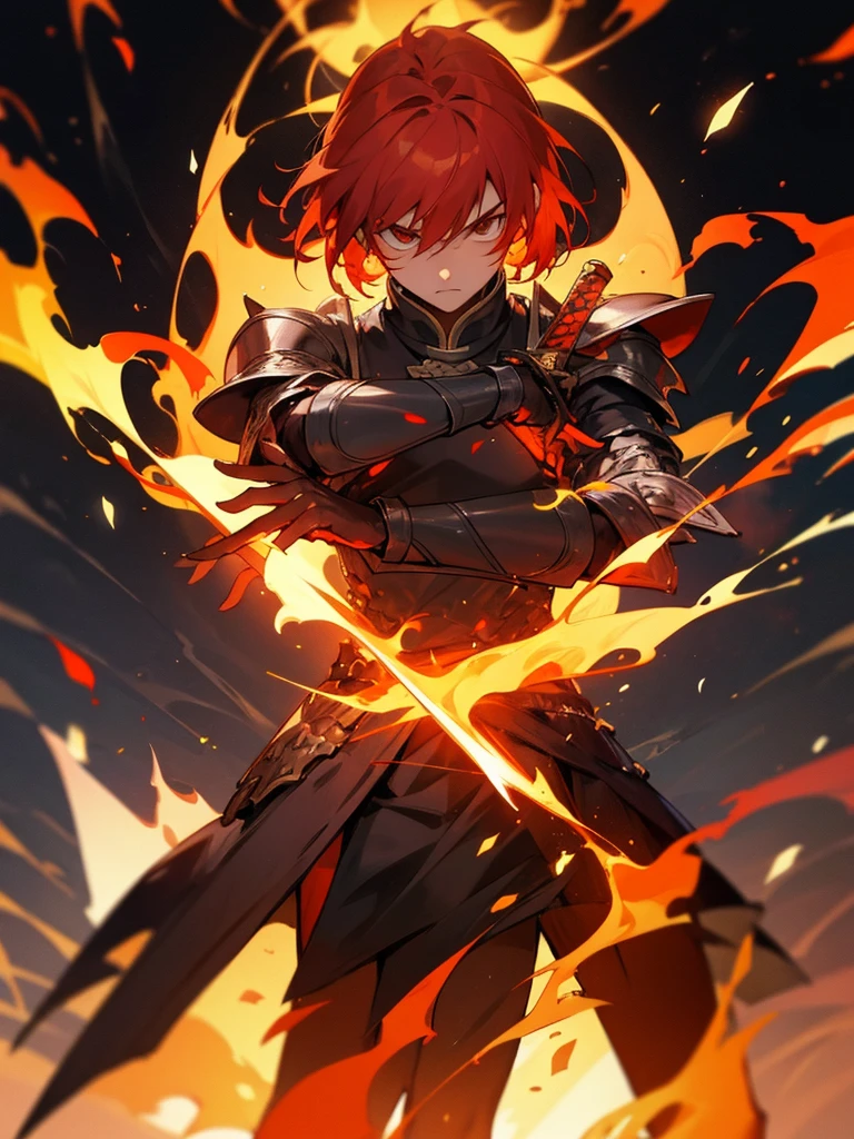 Rakshasa, Redhead, Black Armor,Sword, Burning Flames、Standing still