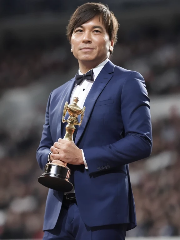 Award-Winning Moment, 1 male, solo, Film festival, Award-Winner, stage, Trophy, Spotlight, applause, Tears of emotion, Blue suit, Audience in the background, smile