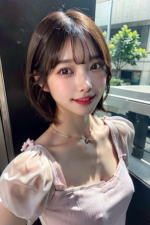 (8k、RAW Photos、Highest quality)、(Realistic、Photorealistic:1.37)、1 girl、Seeing the viewer、Beautifully detailed face、A smile with slightly visible teeth、narrow、(Narrow waist) :1.3)、T-Shirts、gender、Beautifully detailed skin、Skin Texture、((short hair))、Small breasts、Professional Lighting、Evening city center、Human whole body、Brown Hair、Flat Chest、、See-through、Pink nipples visible、Small breasts、Small nipples
