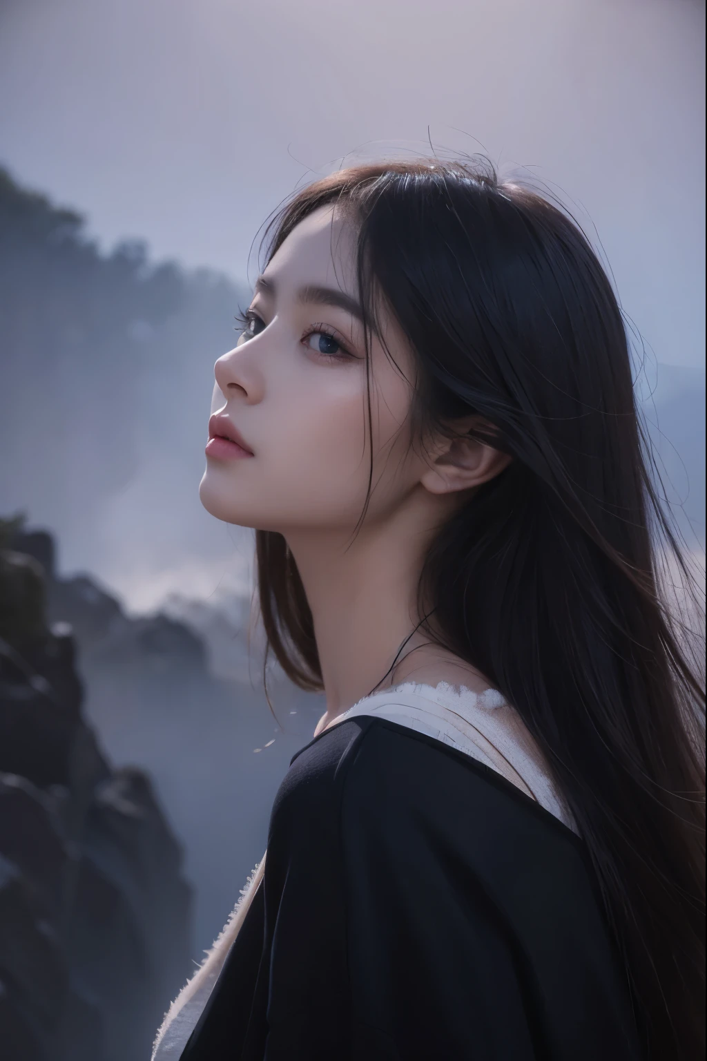 woman in oil painting.Very beautiful face.But with a sad look.Lovely eyes seem to know all the secrets.Turn around and face the deep purple mist in the distance in the picture.Go further and further Go further and further..