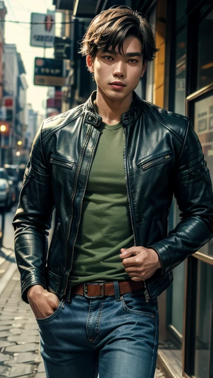 solo , 1man , thai man , leather jacket , Green shirt , blue trousers jeans , happy